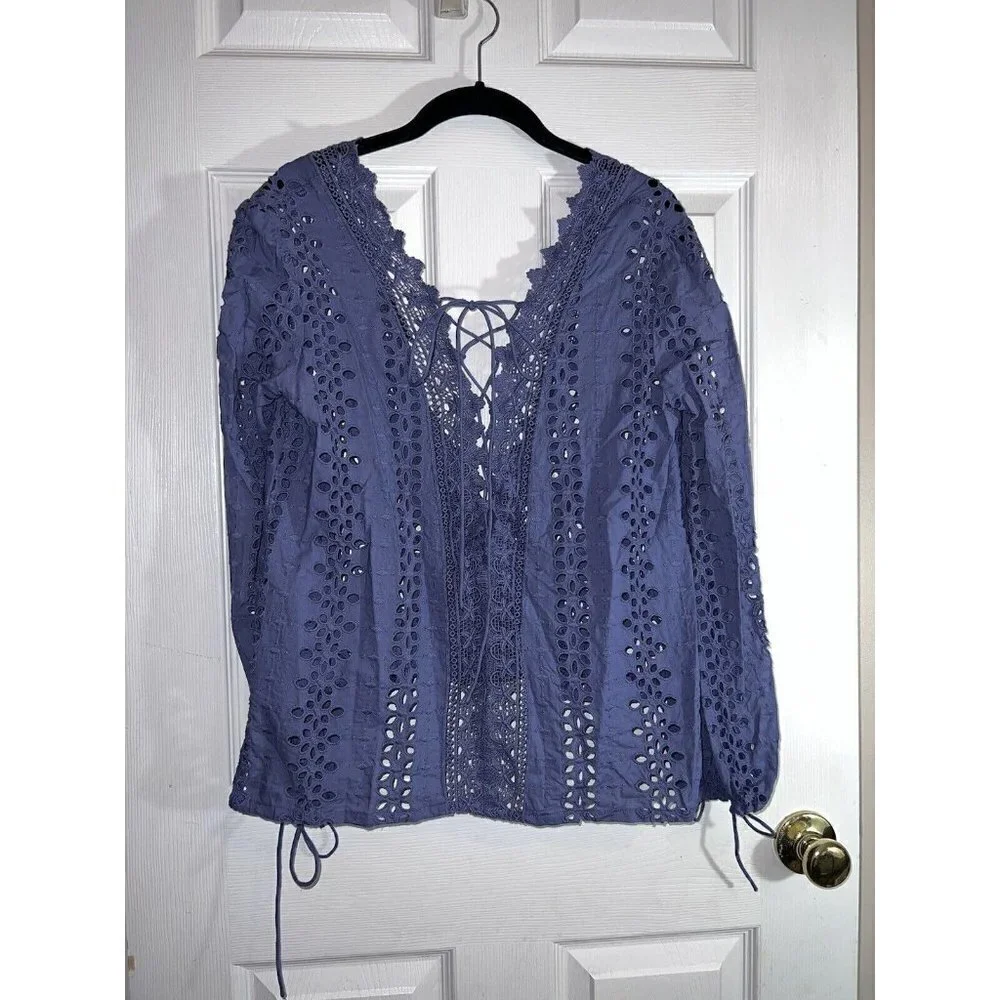 BARDOT Cotton Eyelet Embroidered Open Back Front Tie Long Sleeve Blouse